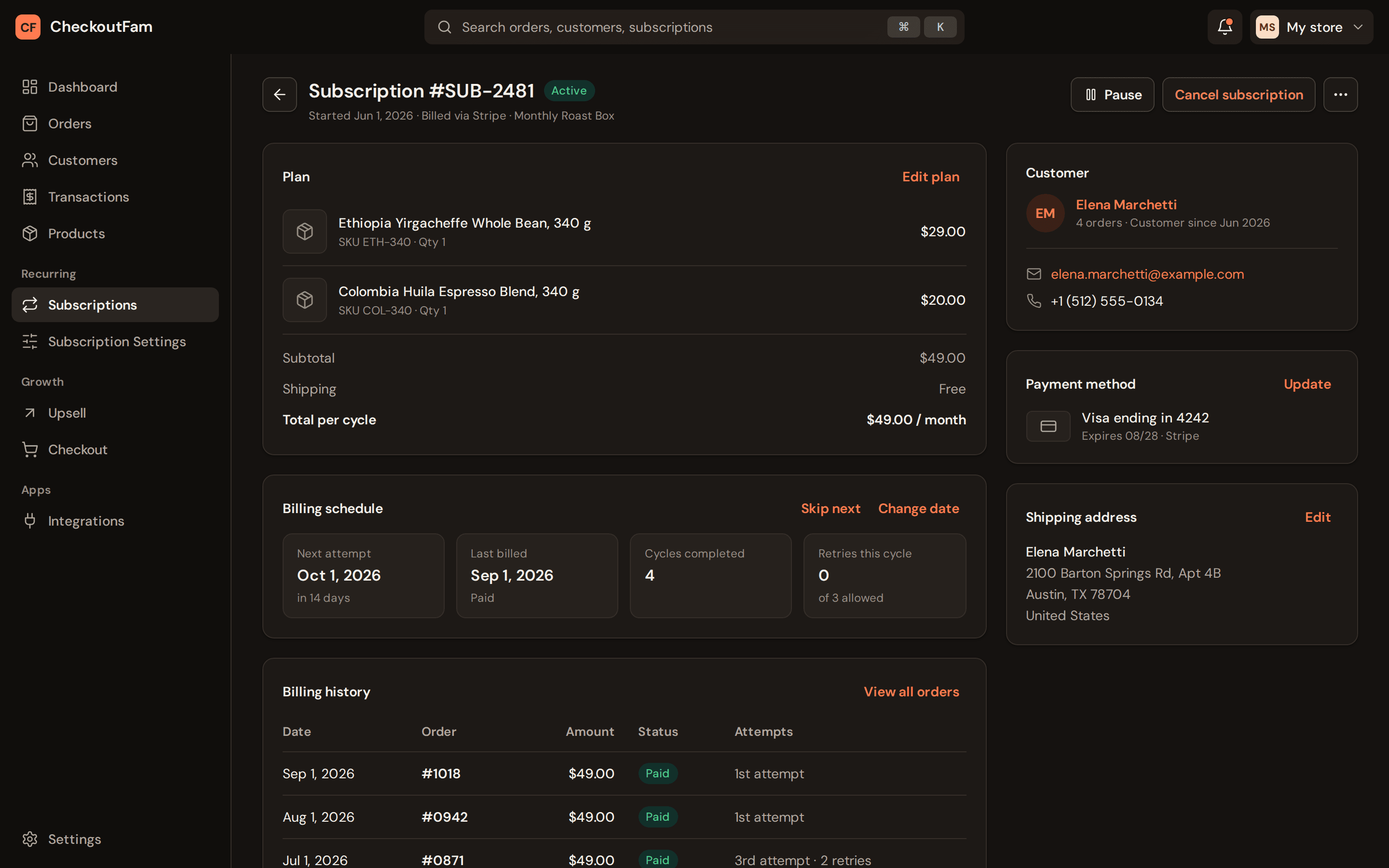 PayFam subscription record with plan, billing schedule, payment method and customer
